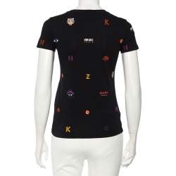 Pre Owned Kenzo Black Cotton Embroidered Tiger Detail Multi Logo T-Shirt XS