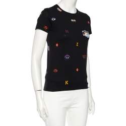 Pre Owned Kenzo Black Cotton Embroidered Tiger Detail Multi Logo T-Shirt XS