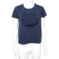 Pre Owned Kenzo Blue Cotton Tiger Embroidered Detail Round Neck T-Shirt S