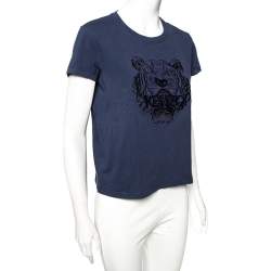 Pre Owned Kenzo Blue Cotton Tiger Embroidered Detail Round Neck T-Shirt S
