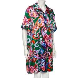 Pre Owned Kenzo Green Paisley Print Silk Shirt Dress L 