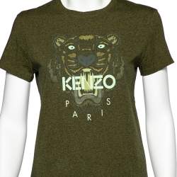 Pre Owned Kenzo Olive Green Tiger Print Melange Cotton Crew Neck T-Shirt M