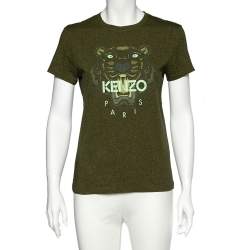 Pre Owned Kenzo Olive Green Tiger Print Melange Cotton Crew Neck T-Shirt M