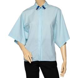 Kenzo Blue Cotton Collar Patch Detail Oversized Sleeve Shirt M