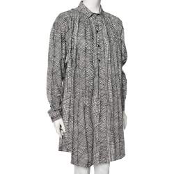 Pre Owned Kenzo Monochrome Printed Cotton Pleated Oversized Shirt Dress S