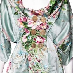 Kenzo Mint Green Floral Print Linen Blend Double Breasted Coat M