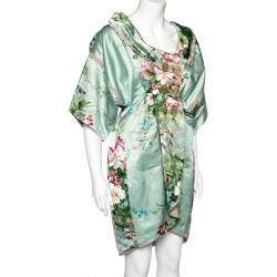 Kenzo Mint Green Floral Print Linen Blend Double Breasted Coat M