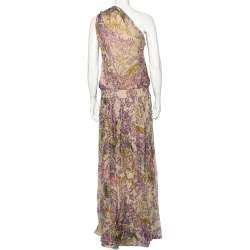 Pre Owned Kenzo Pale Beige Floral Printed Silk Cinched Waist Detail Tie-Up Maxi Dress L