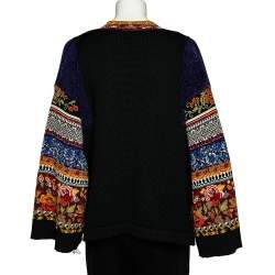 Pre Owned Kenzo Vintage Black Wool Knit Floral Jacquard Patterned Asymmetrical Shrug L