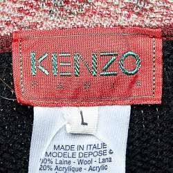 Pre Owned Kenzo Vintage Black Wool Knit Floral Jacquard Patterned Asymmetrical Shrug L