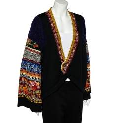Pre Owned Kenzo Vintage Black Wool Knit Floral Jacquard Patterned Asymmetrical Shrug L