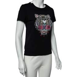 Pre Owned Kenzo Black Tiger Print Cotton Crew Neck T-Shirt S