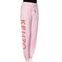 Pre Owned Kenzo Pink Cotton Rib Knit Detailed Logo Printed Sweatpants L
