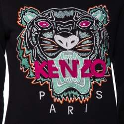 Pre Owned بلوفر كينزو  قطن جلد أسود بتطريز نمر وكم طويل ورقبة مستديرة مقاس صغير - سمول