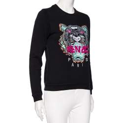 Pre Owned بلوفر كينزو  قطن جلد أسود بتطريز نمر وكم طويل ورقبة مستديرة مقاس صغير - سمول