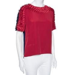 Pre Owned توب كينزو تفاصيل شراشيب حرير أزرق-أحمر مقاس متوسط