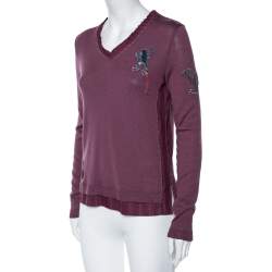 Pre Owned Kenzo Purple Wool Embroidered Detailed Long Sleeve Top S