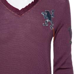 Pre Owned Kenzo Purple Wool Embroidered Detailed Long Sleeve Top S