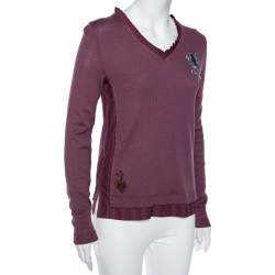 Pre Owned Kenzo Purple Wool Embroidered Detailed Long Sleeve Top S
