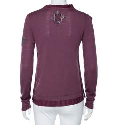 Pre Owned Kenzo Purple Wool Embroidered Detailed Long Sleeve Top S