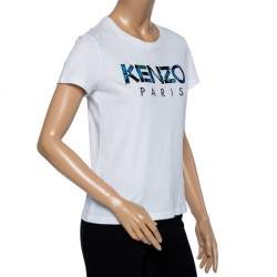 Pre Owned Kenzo White Cotton Logo Embroidered Short Sleeve T-Shirt M