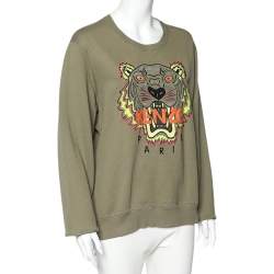 Pre Owned Kenzo Green Tiger Embroidered Cotton Knit Sweatshirt L