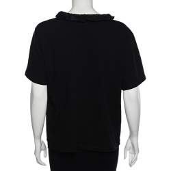 Pre Owned Kenzo Black Logo Printed Cotton Ruffled Neck T-Shirt XL