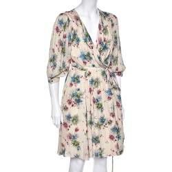 Pre Owned Kenzo Cream Floral Printed Silk Wrap Dress L