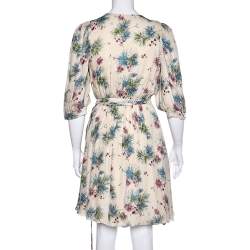 Pre Owned Kenzo Cream Floral Printed Silk Wrap Dress L