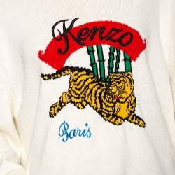 Pre Owned Kenzo Off White Cotton Knit Jumping Tiger Logo Embroidered Sweater XL