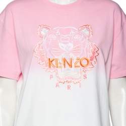 Pre Owned Kenzo Pink & White Gradient Effect Cotton Tiger Embroidered T-Shirt M