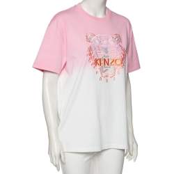 Pre Owned Kenzo Pink & White Gradient Effect Cotton Tiger Embroidered T-Shirt M