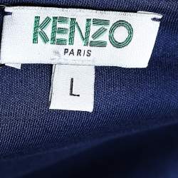 Pre Owned تي شيرت كينزو قطن أزرق كحلي مزين حافة شعار الماركة مقاس كبير (لارج)