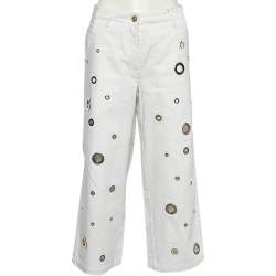 Pre Owned Kenzo Jungle White Denim Eyelet Cropped Jeans M