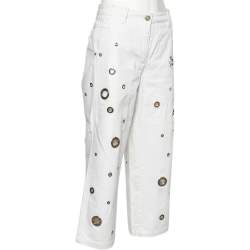 Pre Owned Kenzo Jungle White Denim Eyelet Cropped Jeans M
