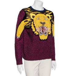 مملوكة مسبقًا Kenzo Multicolored Tiger Logo Intarsia Knit & Mohair Trimmed Sweater S