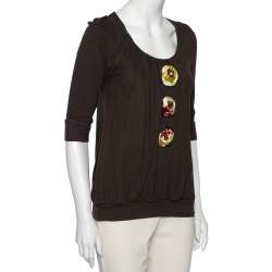 Kenzo Brown Knit Floral Applique Detailed Top S