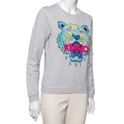 Pre Owned Kenzo Grey Tiger Embroidered Cotton Crew Neck Long Sleeve Sweater M