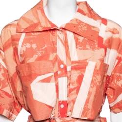 Pre Owned Kenzo Orange Cut-Out Flower Print Cotton & Silk Belted Shirt Dress M