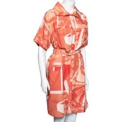 Pre Owned Kenzo Orange Cut-Out Flower Print Cotton & Silk Belted Shirt Dress M