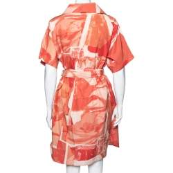 Pre Owned Kenzo Orange Cut-Out Flower Print Cotton & Silk Belted Shirt Dress M