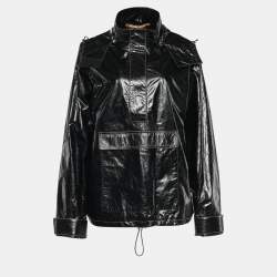 Kenzo Black Crackled Leather Hooded Windbreaker Jacket M