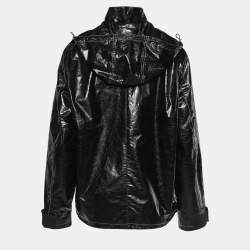 Kenzo Black Crackled Leather Hooded Windbreaker Jacket M