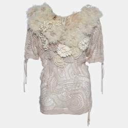 Pre Owned Kenzo Beige Knit Floral Applique Blouse M
