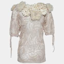 Pre Owned Kenzo Beige Knit Floral Applique Blouse M