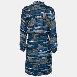 Pre Owned Kenzo Navy Blue Night Cloud Printed Crepe Belted Shirt Dress S