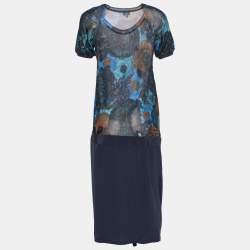 Pre Owned Kenzo Floral Print Knit Bodice Faux Wrap Dress XL