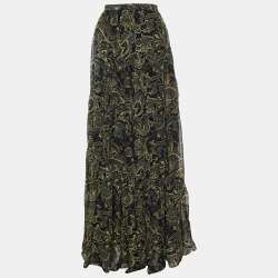Kenzo Defile Black Paisley Print Silk Maxi Skirt L