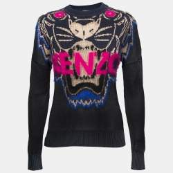 Pre Owned Kenzo Navy Blue Tiger Motif Jacquard Knit Sweater M