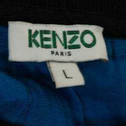 Pre Owned Kenzo Blue and Black Checkered Printed Knit Long Sleeve Crew Neck Sweater L